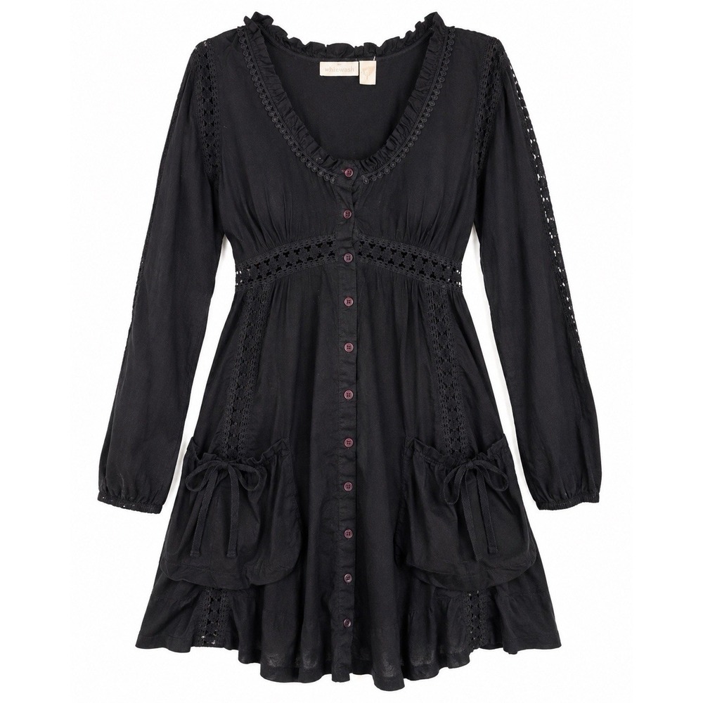 Whitewash Dress S Black Boho Fairycore Whimsy Goth Lace Pocket Cotton Mini